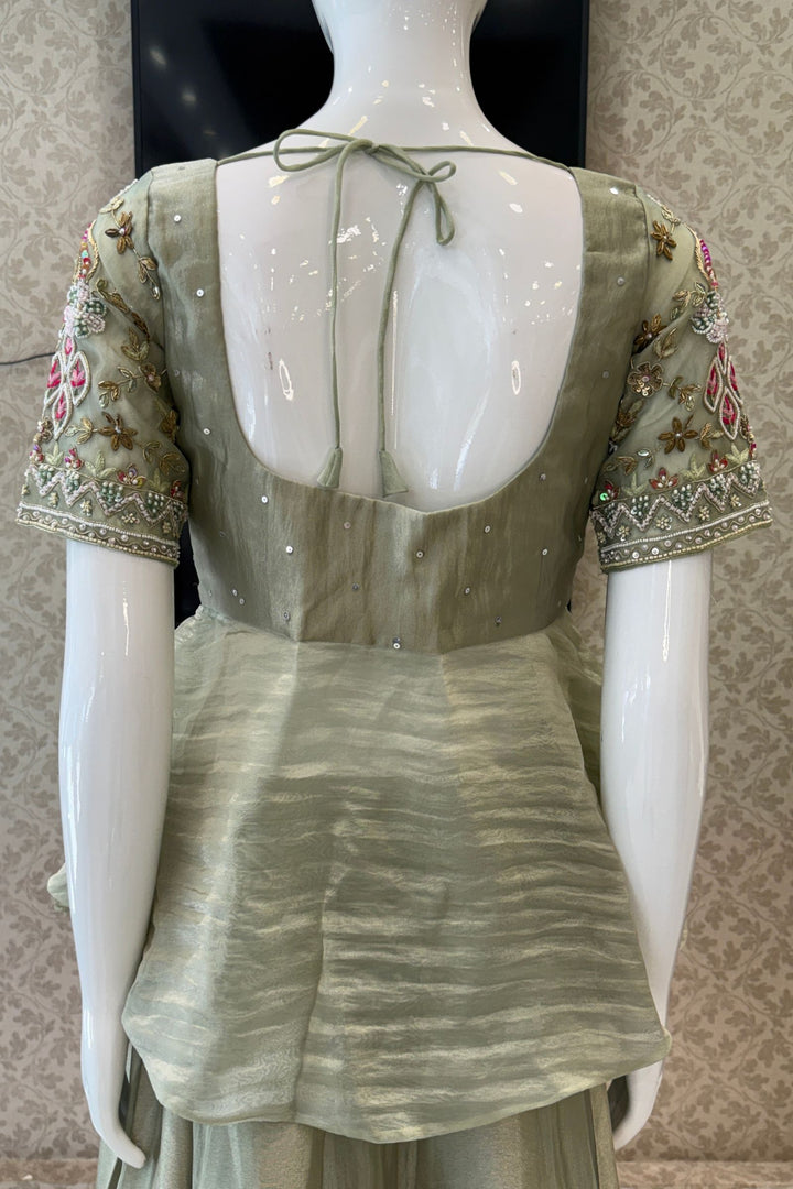 Sea Green Beads, Zardozi, Sequins and Multicolor Thread work Peplum Style Lehenga