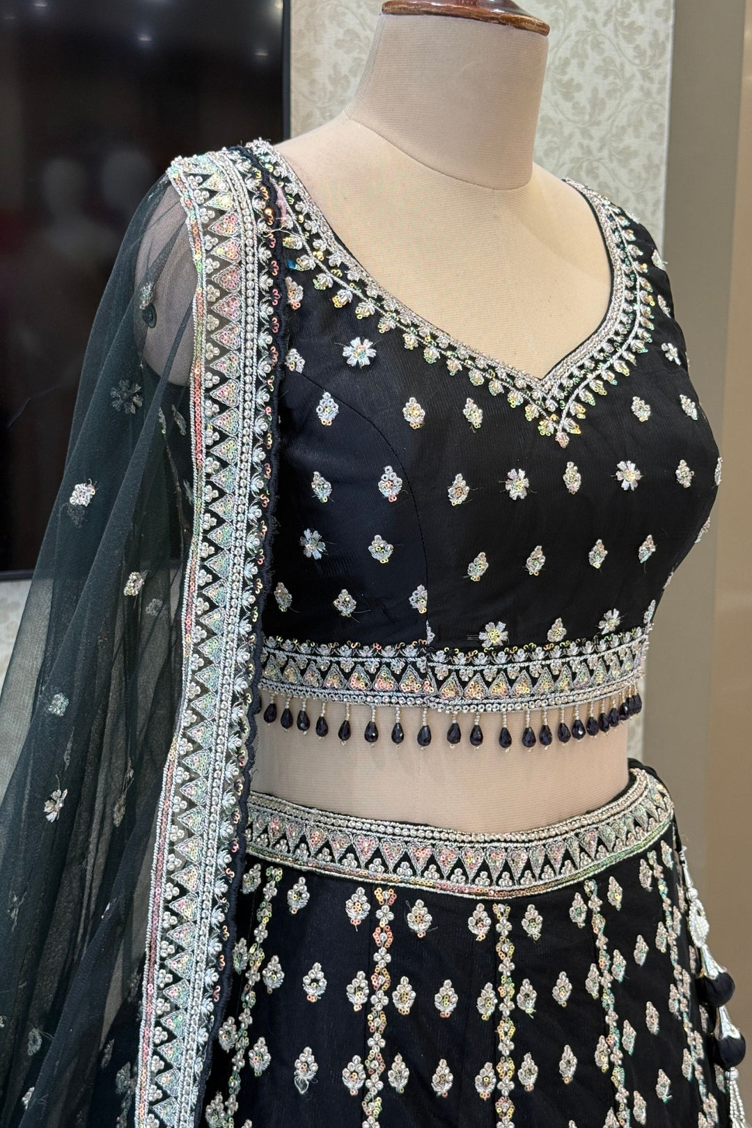 Black Designer Bridal Lehenga Intricate Zari, Sequins and Beads work