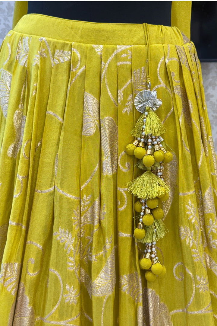 Parrot Green with Liril Green Beads, Sequins, Zardozi and Banaras work Crop Top Lehenga