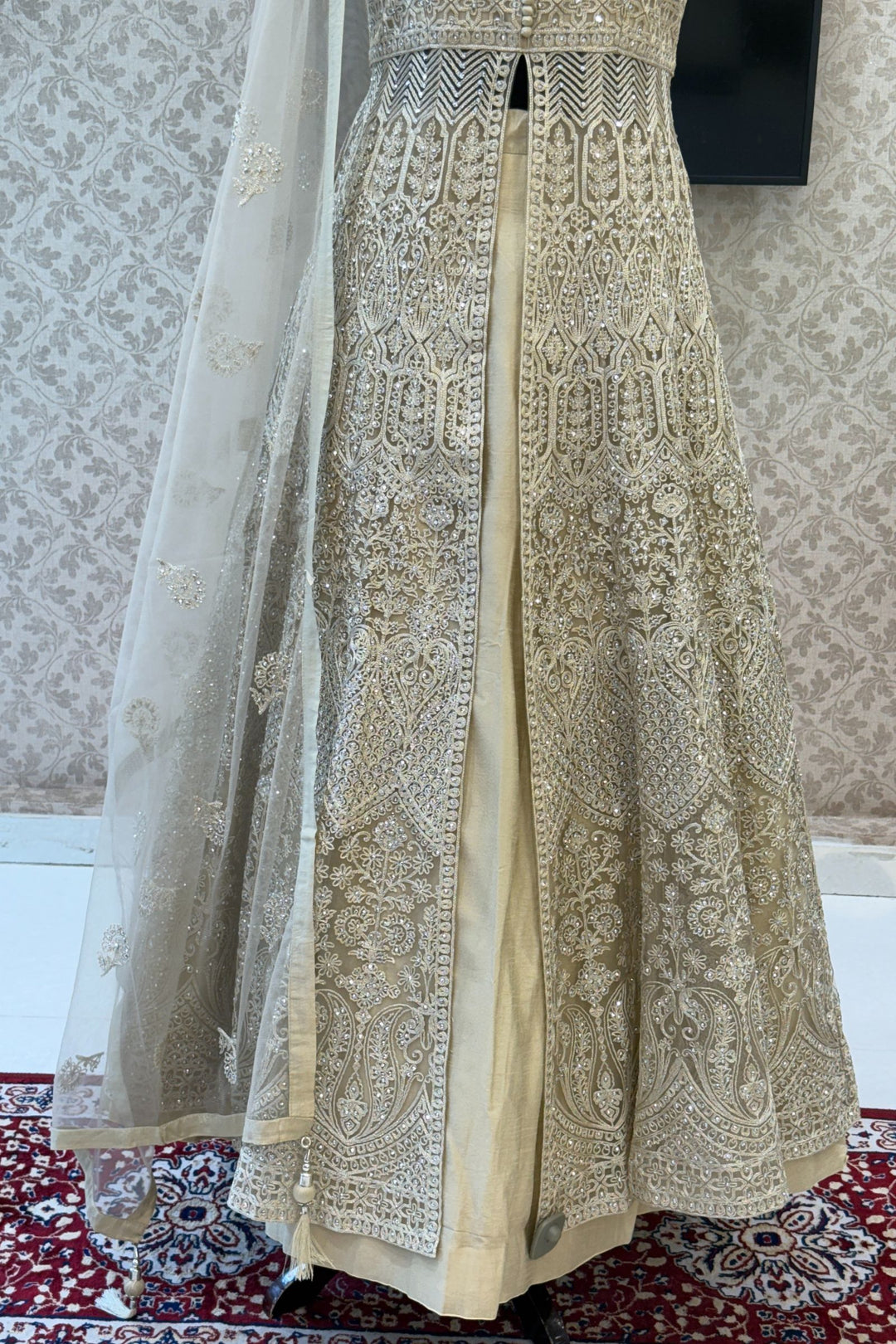 Chiku Stone and Zari Thread work Long Top Lehenga