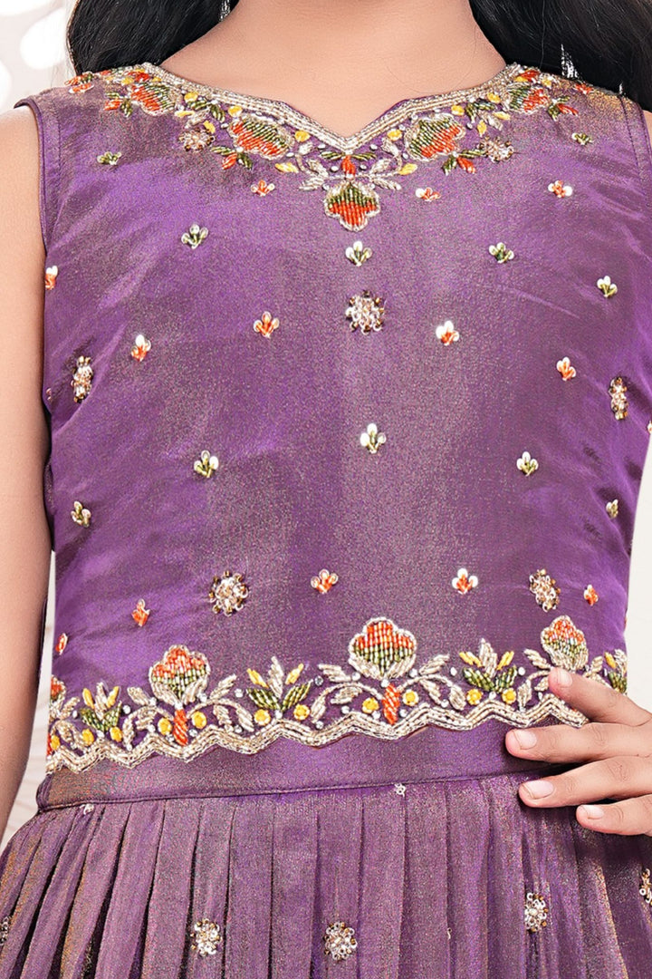 Purple Sequins, Beads and Stone work with Floral Print Lehenga Choli for Girls