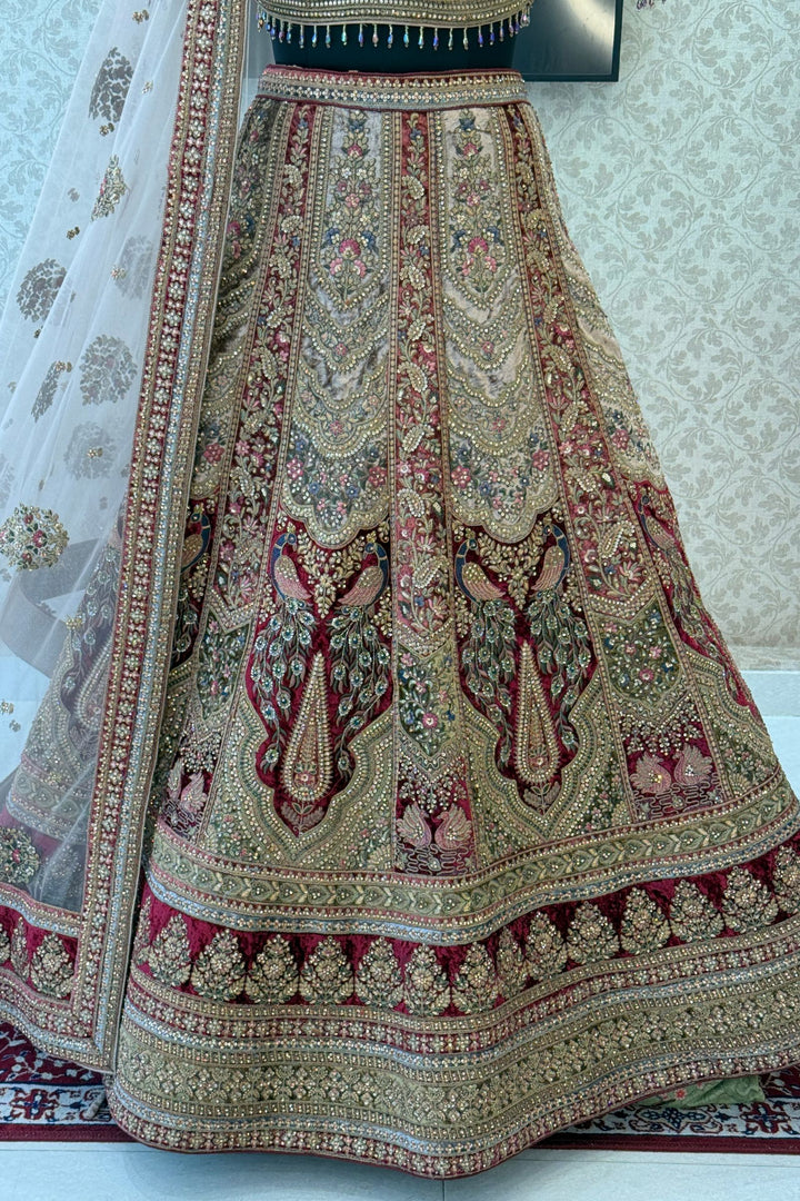Maroon with Chiku Sequins, Beads, Zari and Stone work Crop Top Designer Bridal Lehenga