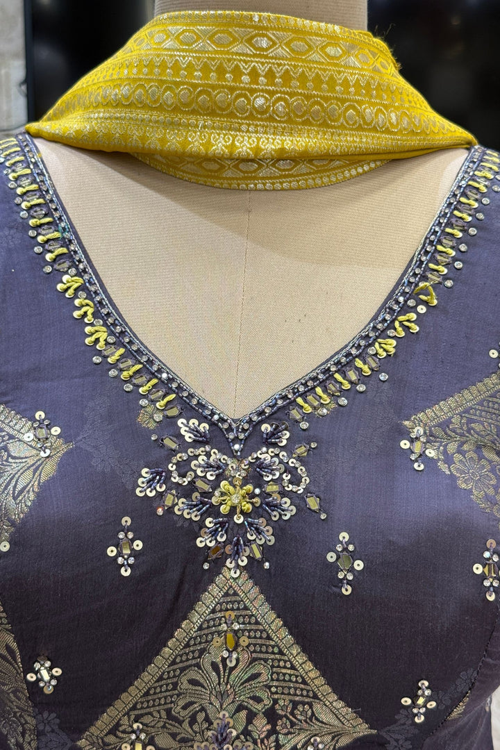 Dark Grey with Mustard Banaras, Mirror, Stone and Zari work Peplum Style Lehenga