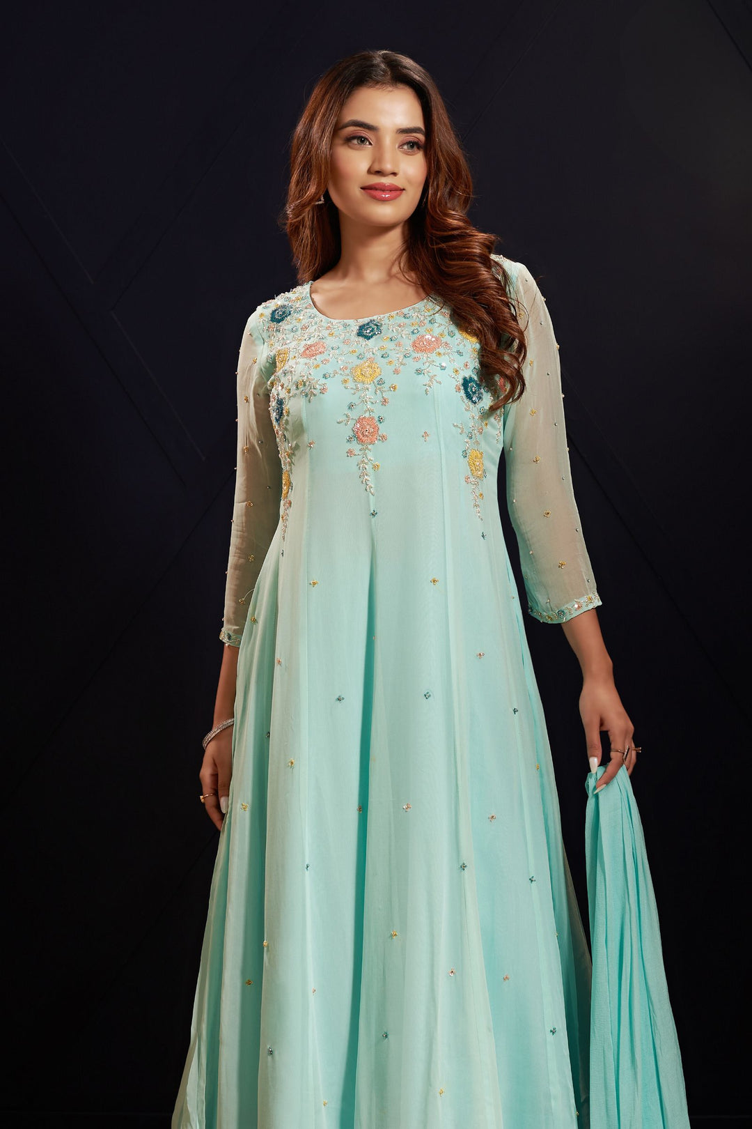 Firozi Sequins, Beads and Pearl work Anarkali Style Salwar Suit with Palazzo Pant