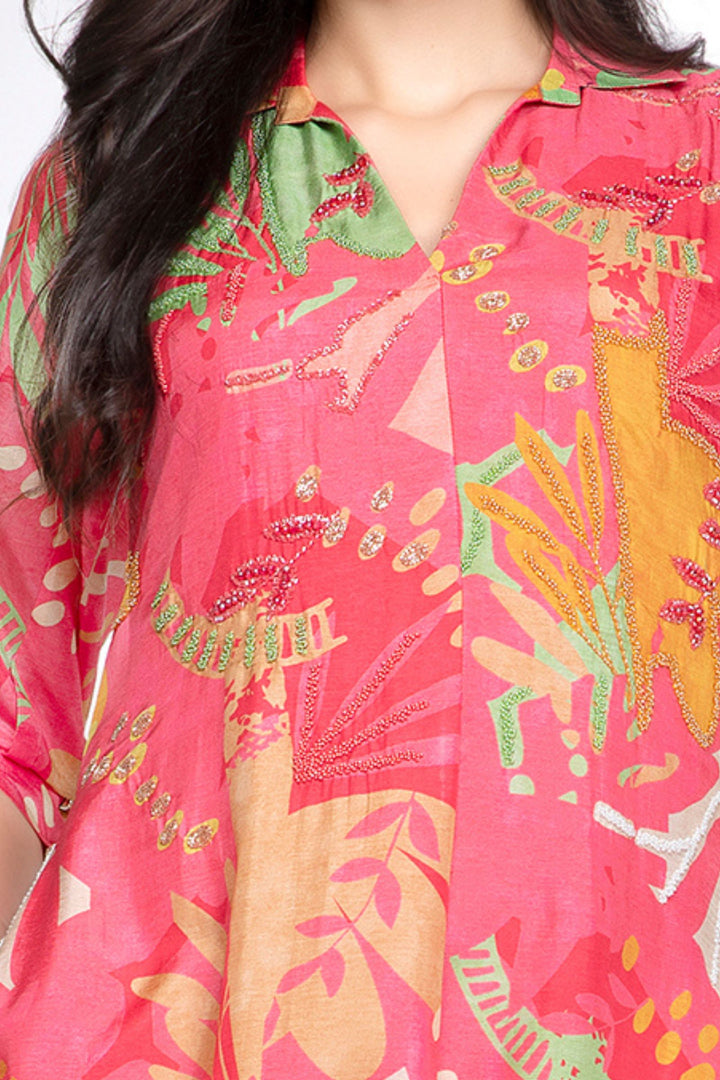 Pinkish Red Beads work with Multicolor Digital Print Calf Length Kurti