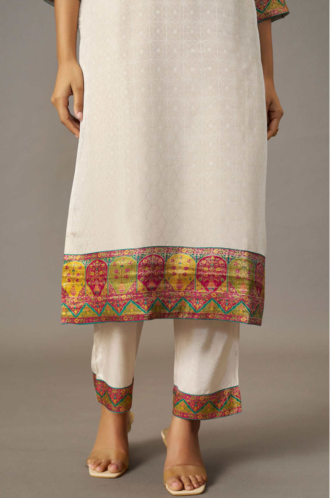 Half White Multicolor Banaras, Sequins and Beads work Straight Cut Salwar Suit