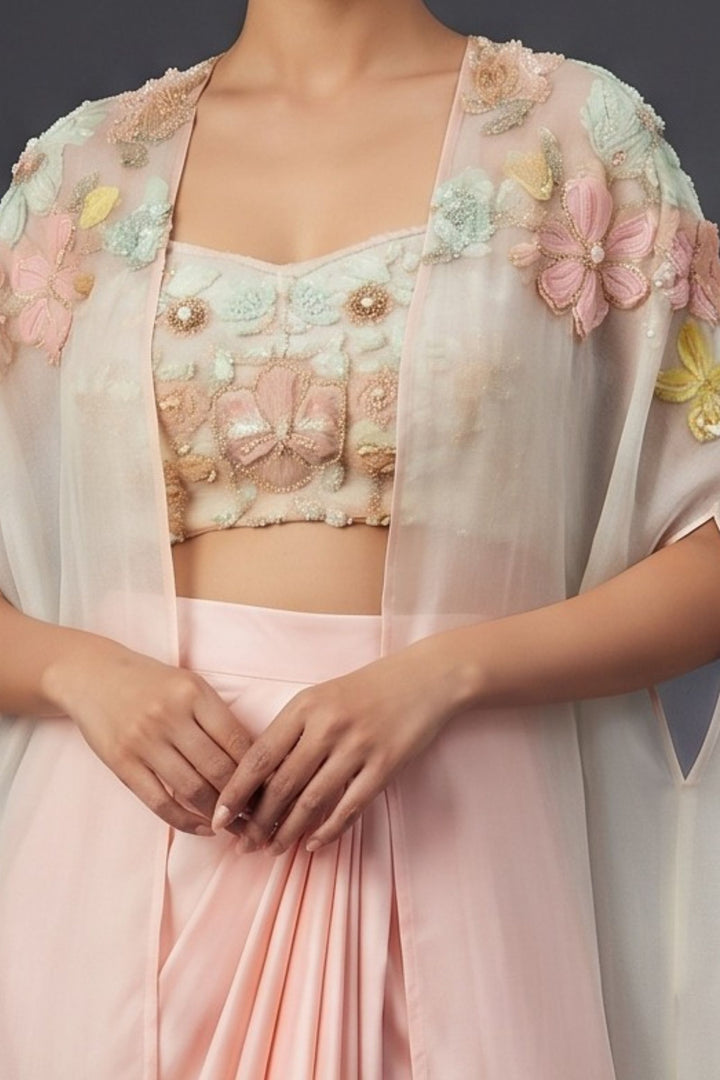 Pastel Pink with Blue Indo-Western Styled Cape, Top and Cowl Skirt