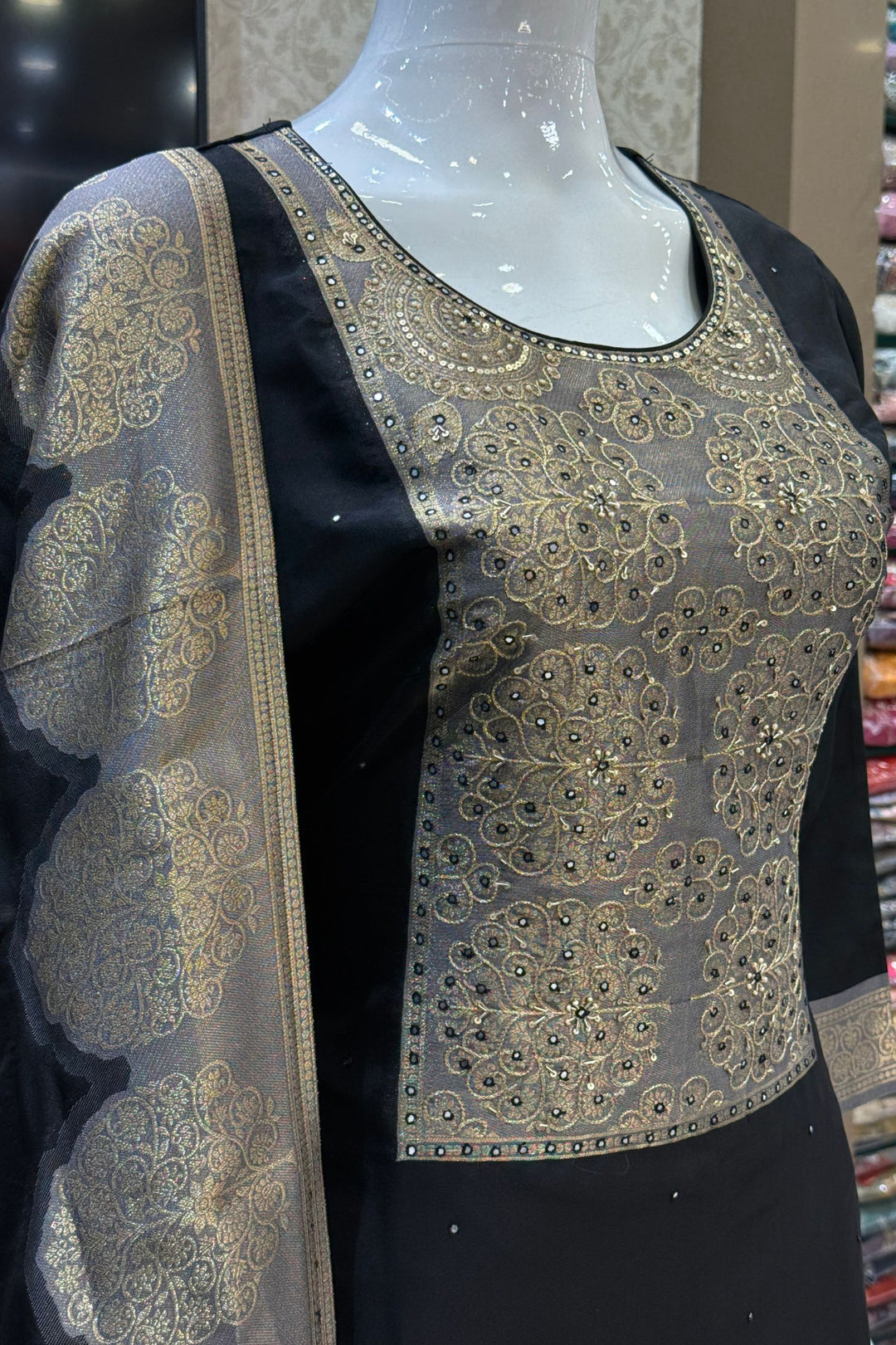 Black Beads, Sequins, Zardozi and Banaras work Straight Cut Salwar Suit