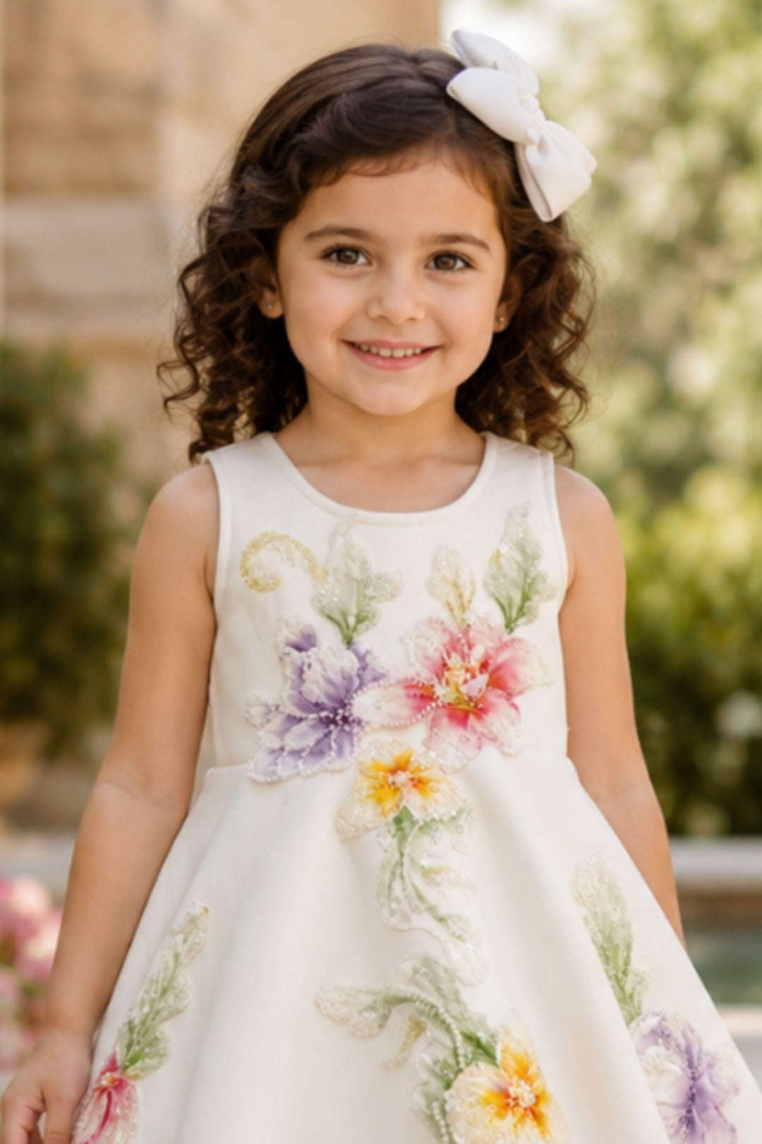 Half White Beads and Floral Applique work Short Partywear Frock for Girls