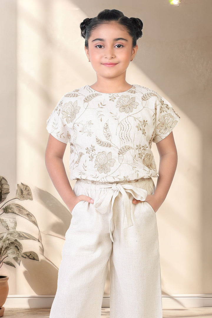 Cream Zari Embroidery and Sequins work Top and Palazzo Set for Girls