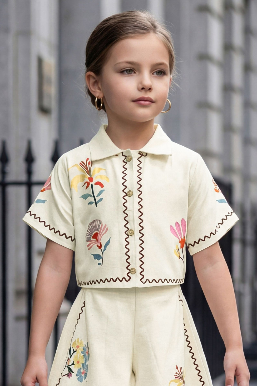 Half White Floral Print Top and Shorts For Girls