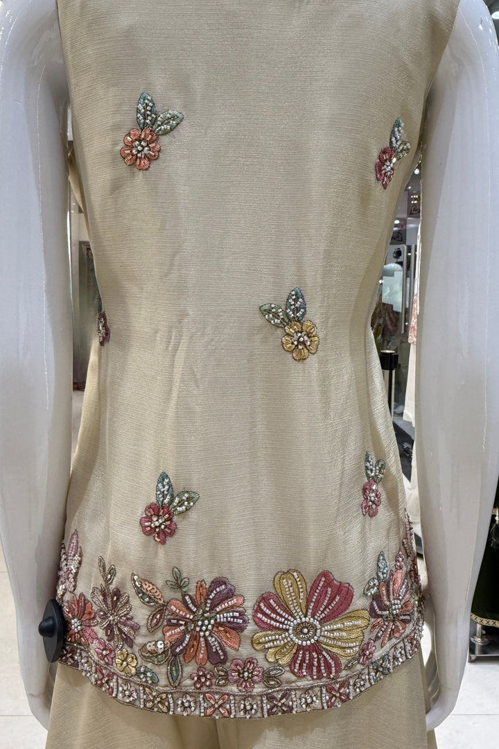 Cream Palazzo Set Featuring All-Over Multicolor Embroidery, Beads, Sequins and Zari