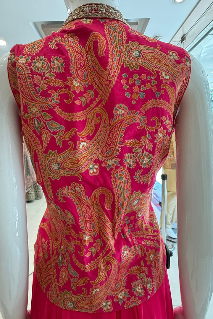 Rani Pink Palazzo Salwar Suit with Brocade, Beads, Stone and Zardozi Detailing