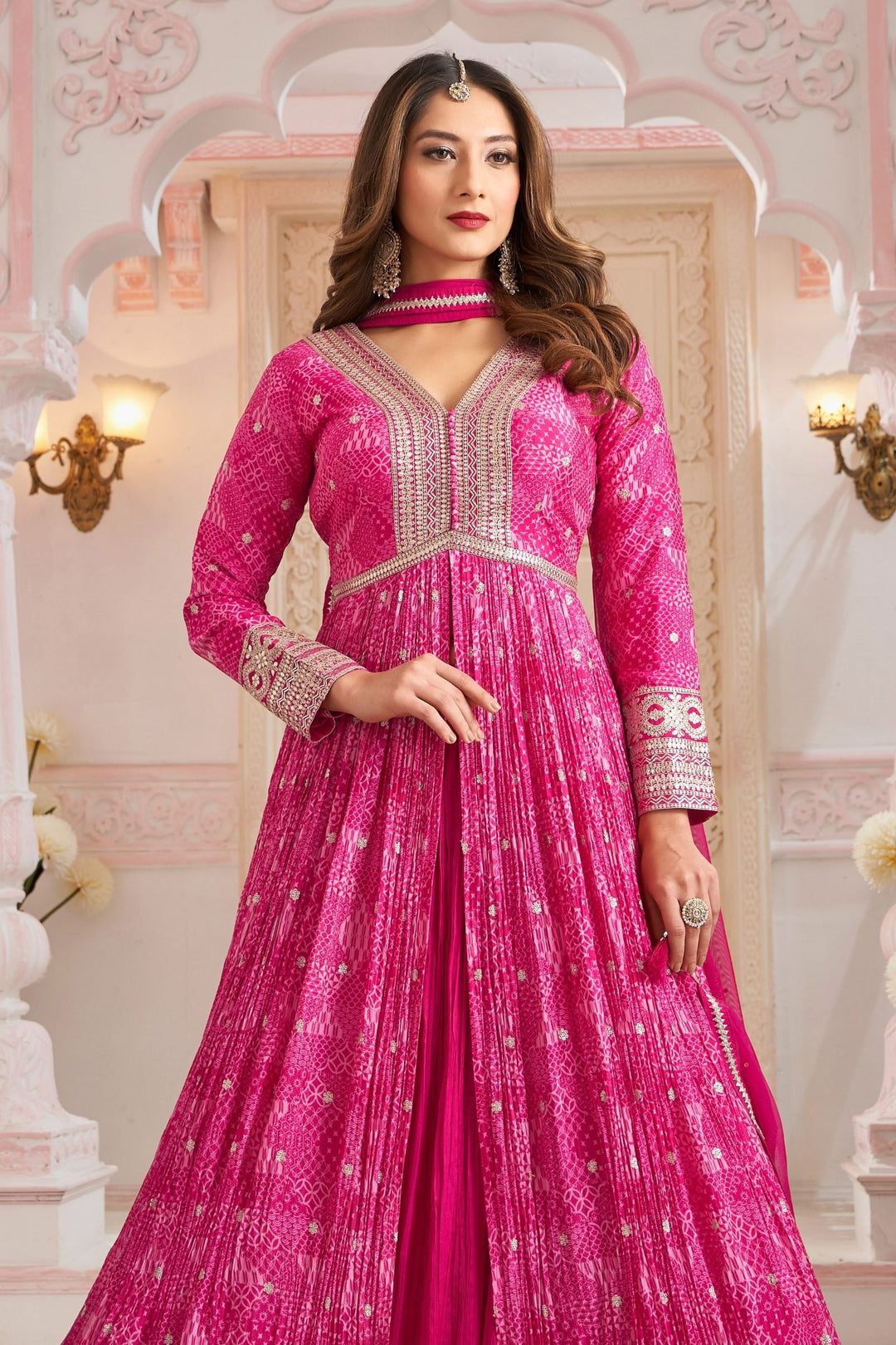 Pink Sequins and Zari work with Digital Print Mastani Styled Long Top Lehenga