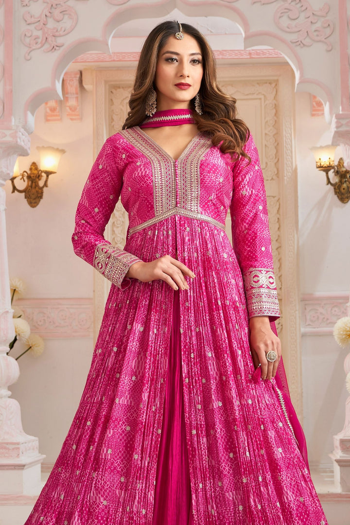 Pink Sequins and Zari work with Digital Print Mastani Styled Long Top Lehenga