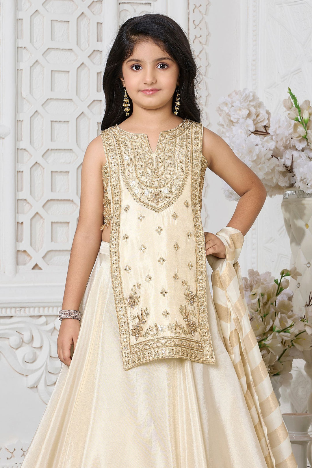 Fawn Indo-Western Styled Beads, Sequins and Zari work Lehenga Choli for Girls