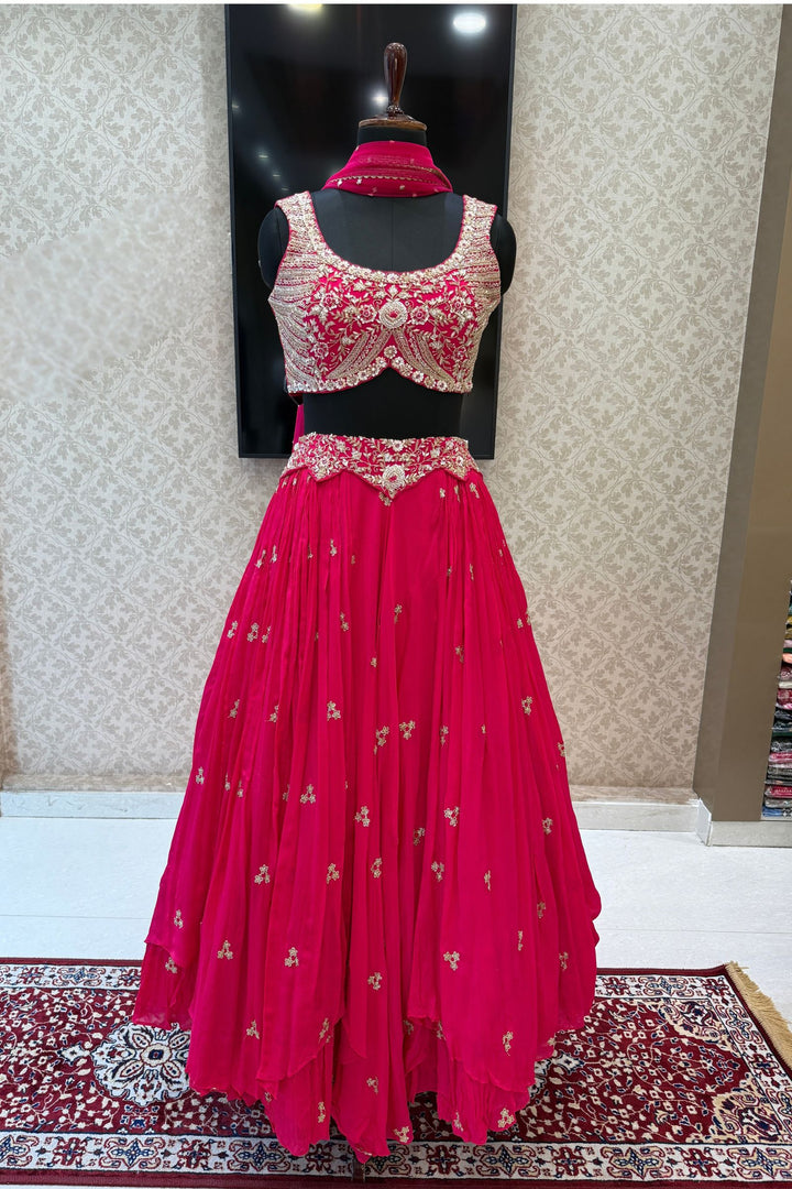 Rani Pink Sequins, Beads, Mirror, Zardozi and Zari work Crop Top Lehenga
