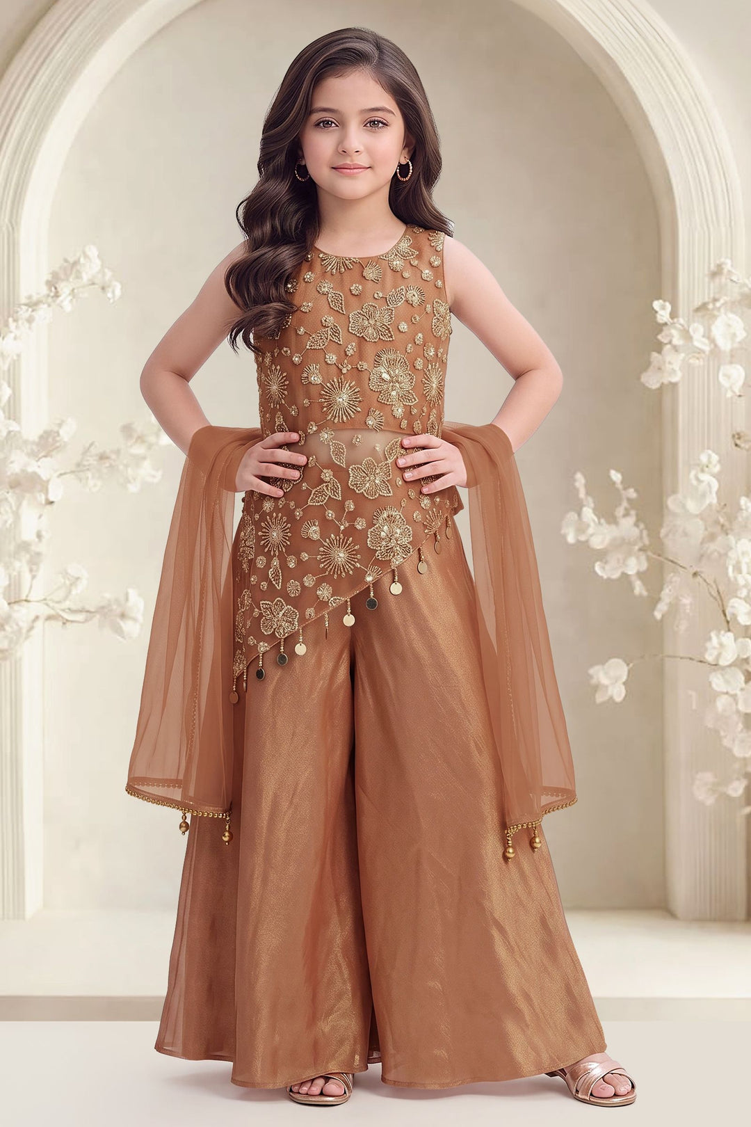 Rust Zari, Beads and Sequins work Palazzo Suit Set for Girls