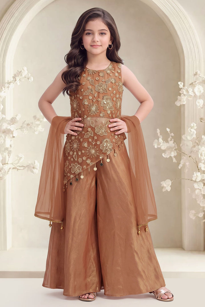 Rust Zari, Beads and Sequins work Palazzo Suit Set for Girls