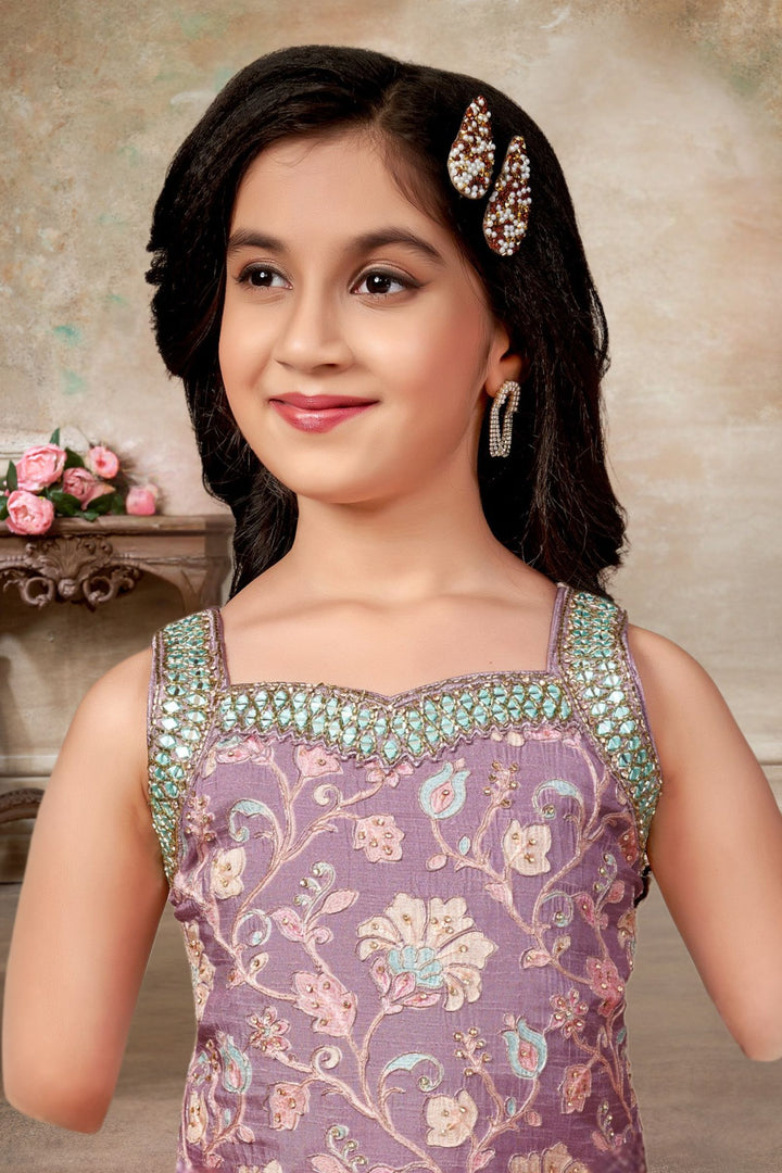 Lavender Zari, Stone, Mirror and Beads work with Floral Print Palazzo Suit Set for Girls