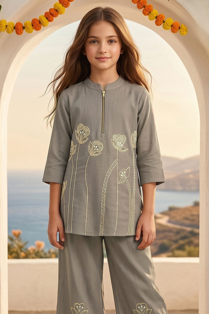 Grey Pearl, Beads and Thread work Co-ord Set for Girls