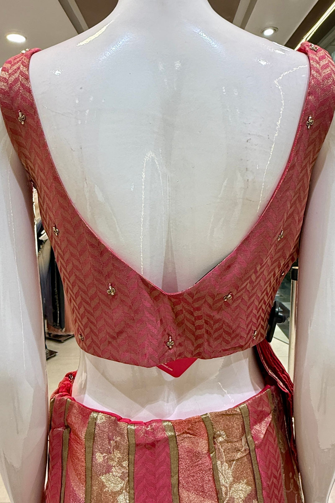 Pink Brocade, Beads, Sequins, Zardozi, Zari and Stone work with Multicolor Lehenga Set