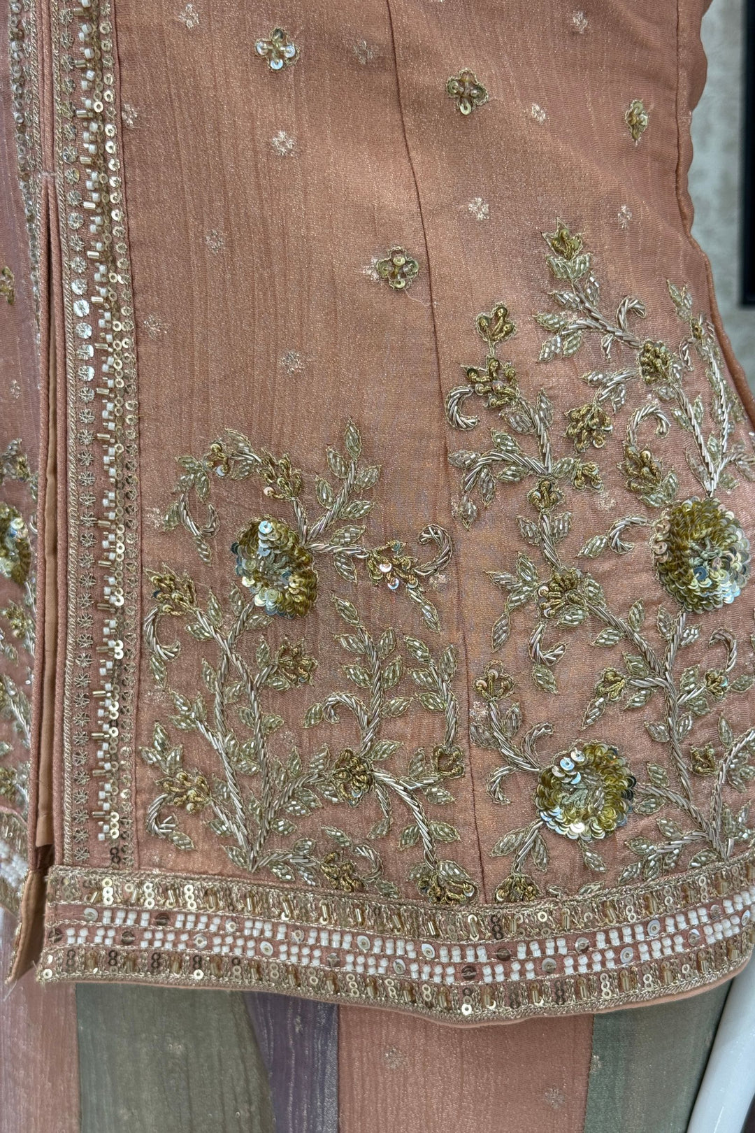 Peach Halter Neck Palazzo Salwar Suit with Zardozi, Beads, Sequins and Zari Detailing