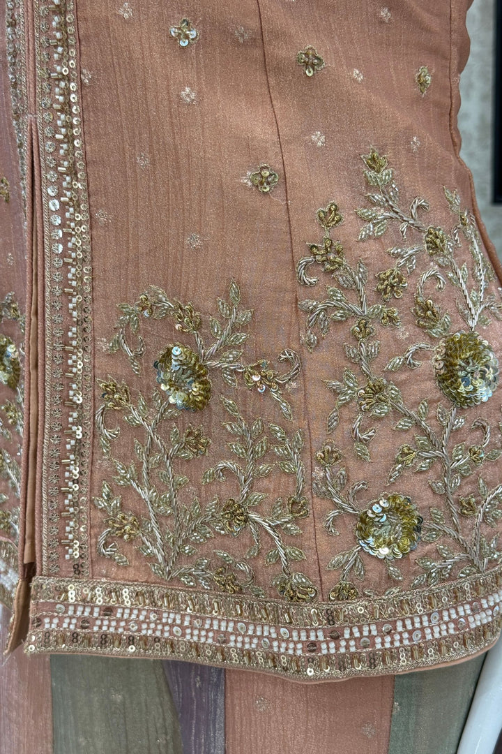 Peach Halter Neck Palazzo Salwar Suit with Zardozi, Beads, Sequins and Zari Detailing