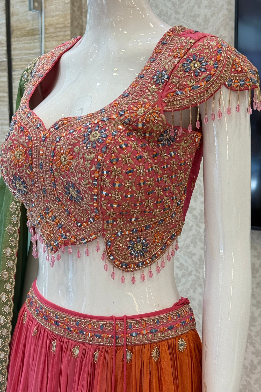 Designer Lehenga with Intricate Mirror, Stone, Sequins, Zari and Beads work