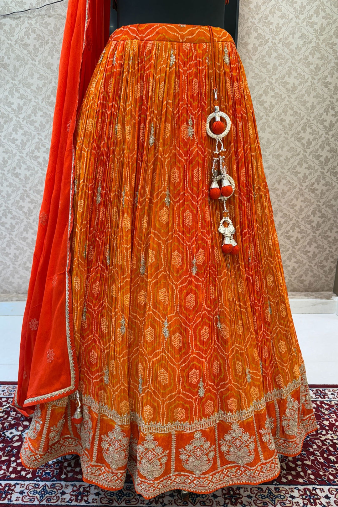 Orange Mirror, Stone, Zardozi and Sequins work with Bandini Print Crop Top Lehenga