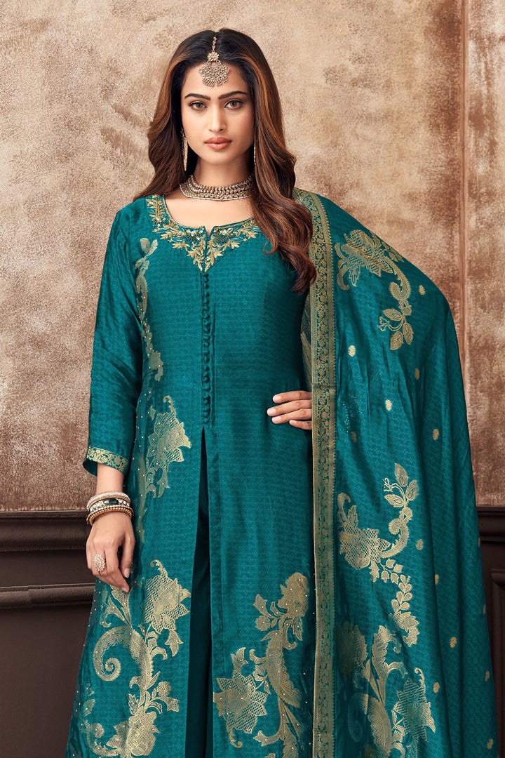 Rama Blue Banaras, Zardozi, Zari, Sequins, Stone and Jacquard work Palazzo Salwar Suit