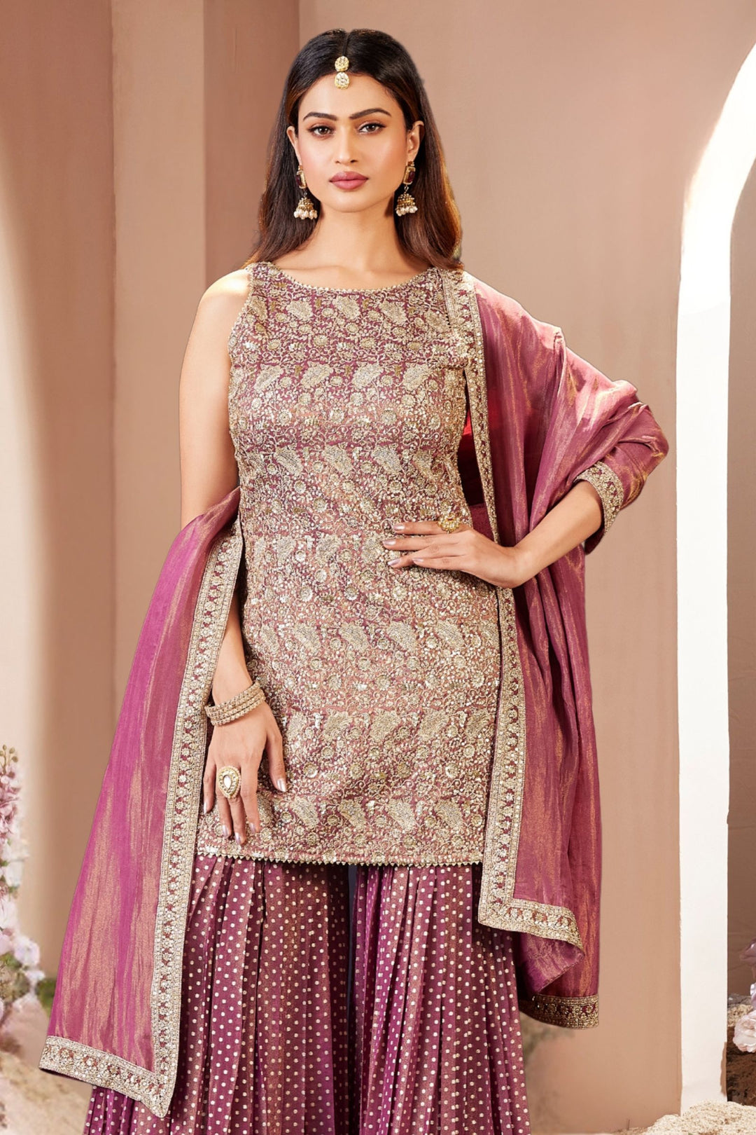 Onion Pink Sequins, Zari and Banaras work Sharara Salwar Suit