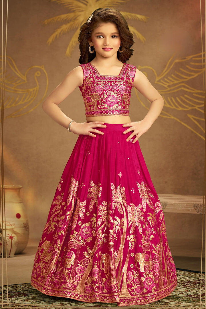 Rani Pink Zari and Thread work Lehenga Choli for Girls
