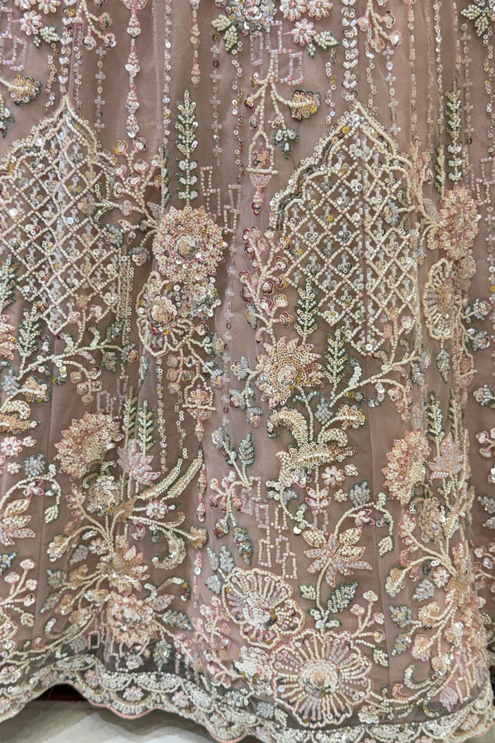 Baby Pink Sequins, Beads and Zari Thread work Crop Top Designer Bridal Lehenga
