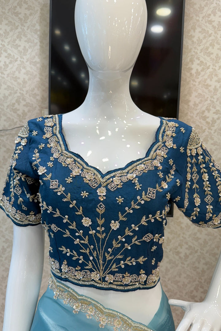 Firozi Blue Beads, Sequins, Zari and Pearls work Saree