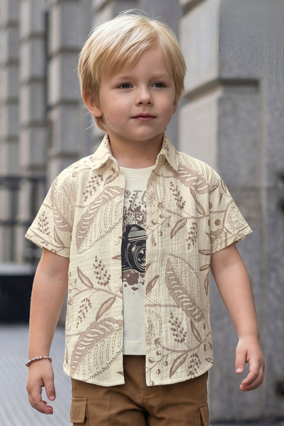 Cream with Brown Digital Print Co-Ord Set for Boys