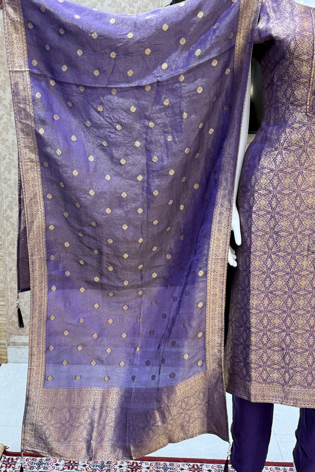 Purple Zardozi, Stone, Beads, Sequins and Brocade work Straight Cut Salwar Suit