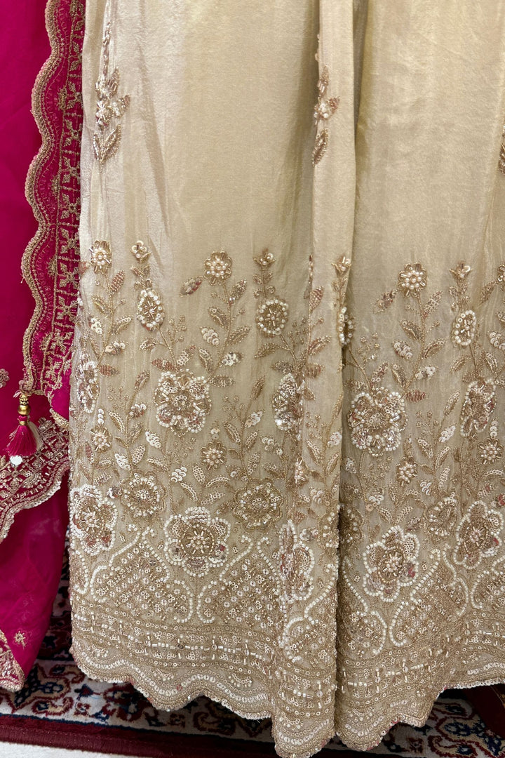 Pink with Cream Beads, Sequins, Stone, Mirror, Zari and Banaras work Crop Top Lehenga