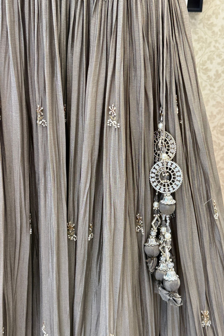 Designer Grey Lehenga with Intricate Beads, Zardozi, Mirror, Kundan and Sequins work