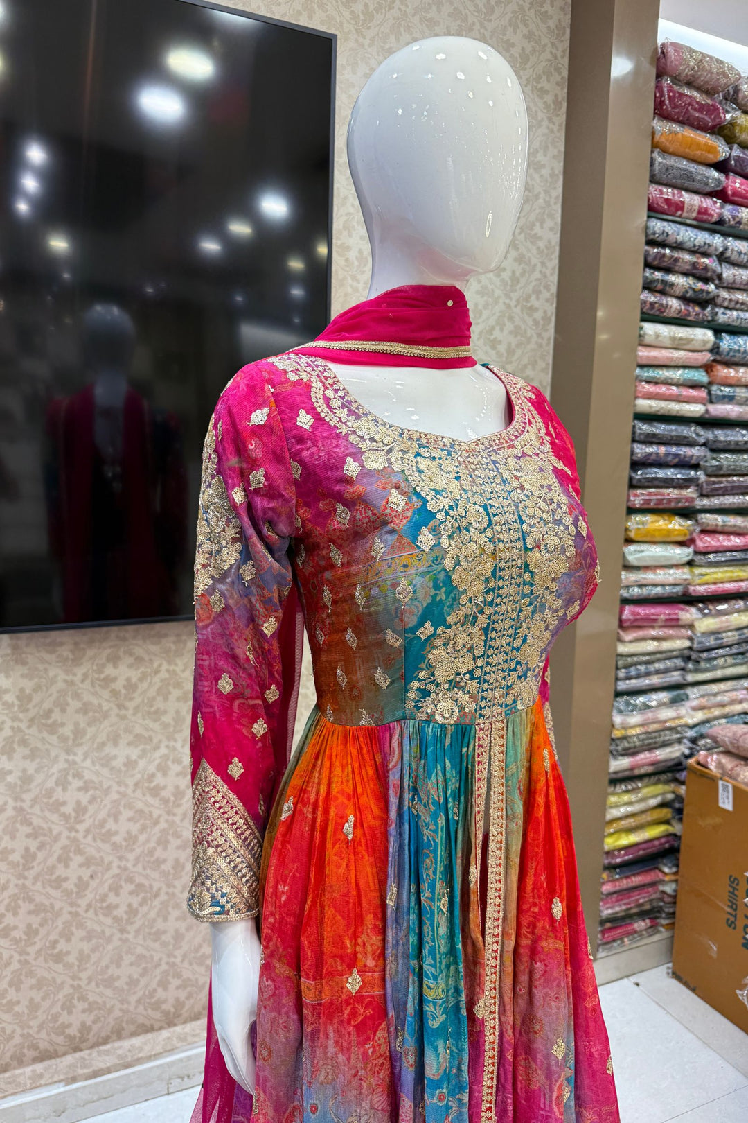 Multicolor Digital Print, Sequins and Zari work Palazzo Salwar Suit