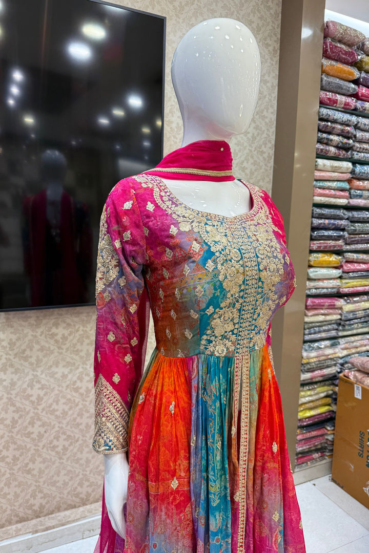Multicolor Digital Print, Sequins and Zari work Palazzo Salwar Suit