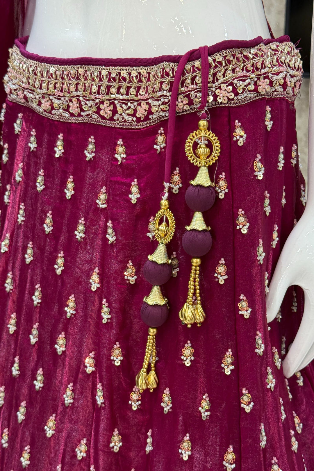 Magenta Beads, Zari and Sequins work Crop Top Bridal Lehenga