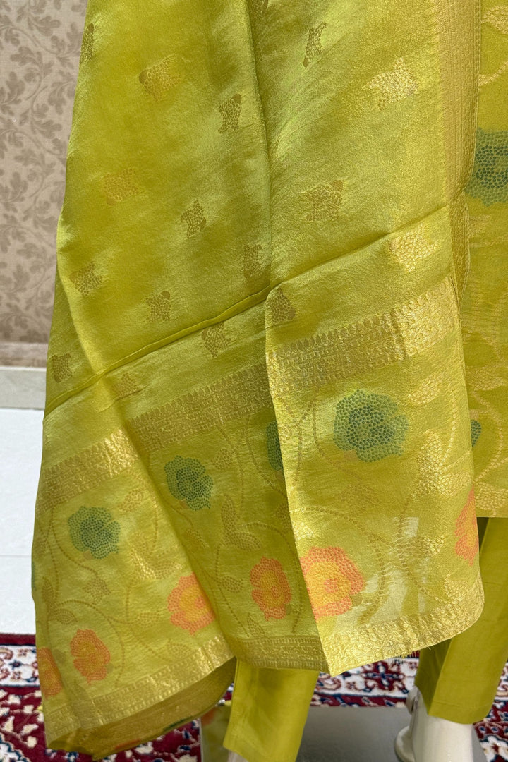 Lemon Green Jacquard, Sequins, Zari, Thread and Beads work Straight Cut Salwar Suit