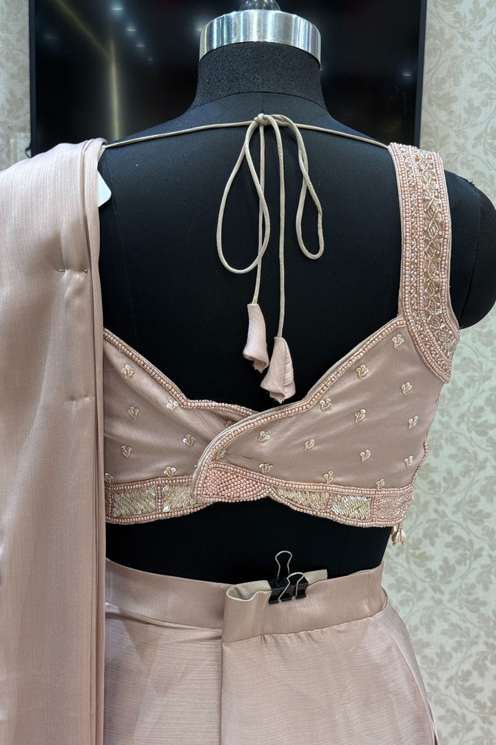Beige Readymade Saree with Beads, Sequins and Pearl work Readymade Blouse