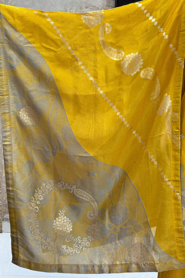 Yellow Beads, Mirror, Sequins, Jacquard and Stone work Straight Cut Salwar Suit