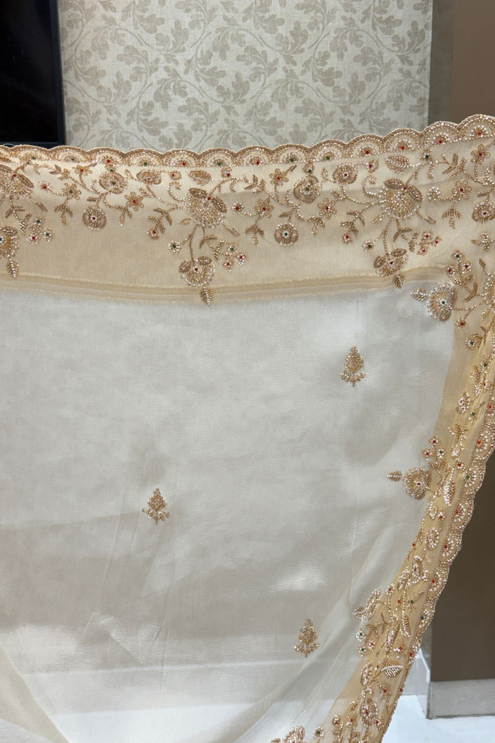 Cream Beads and Zari work Saree