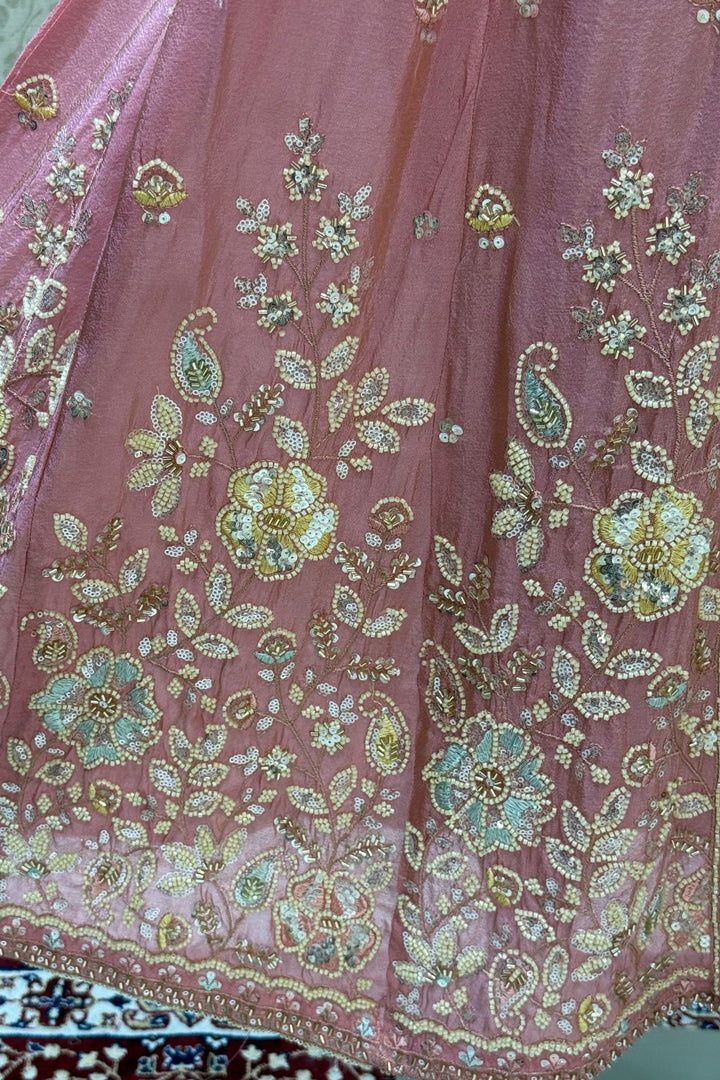Rose Pink Beads, Sequins and Thread work Long Top with Straight Pant