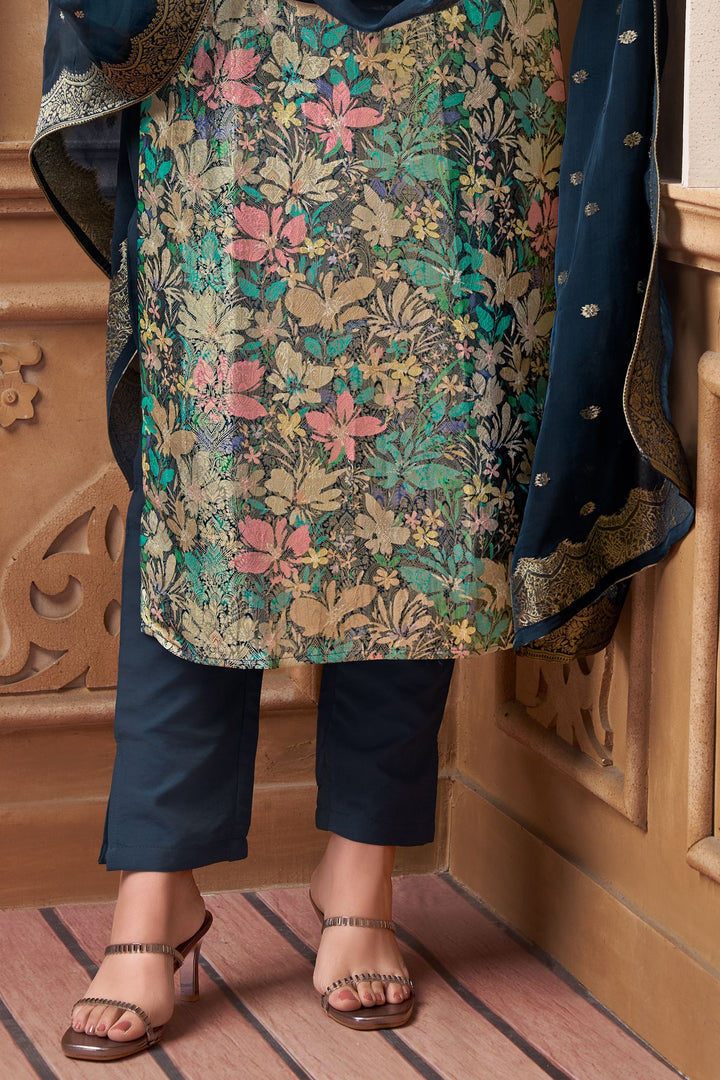Dark Blue Brocade, Zardozi, Beads and Sequins work Straight Cut Salwar Suit