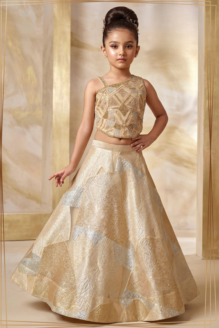 Gold Girls Lehenga Choli with Sequins, Beads and Zari work