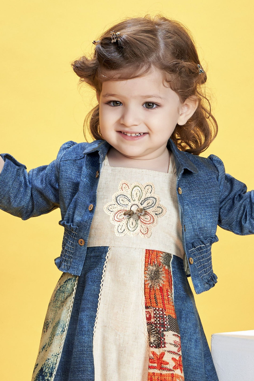 Cream with Blue Thread work with Digital Print Jacket Styled Short Frock For Girls